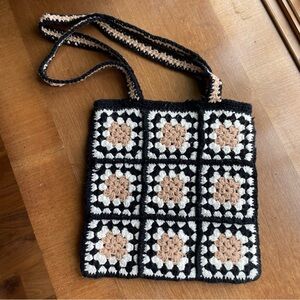 Handcrafted Crochet Granny Square Tote Bag - Black, White, and Tan Neutral